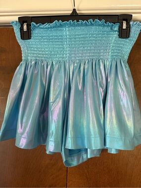QUEEN OF SPARKLES Iridescent Aqua Blue Skirted Shorts